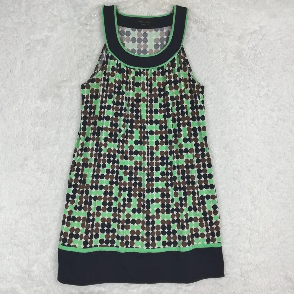 BCBG Maxazria‎ Womens Dress Tent Sleeveless Green Navy Polkadot Pockets Mini L